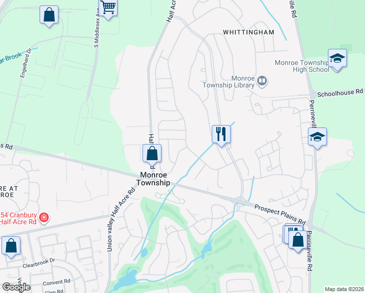 map of restaurants, bars, coffee shops, grocery stores, and more near 2 Birmingham Lane in Monroe Township