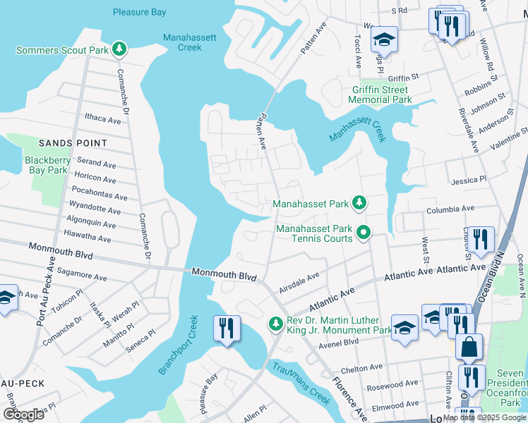 map of restaurants, bars, coffee shops, grocery stores, and more near 8 Newport Court in Long Branch