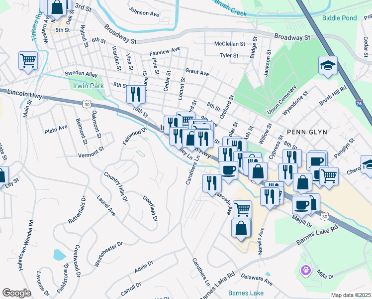 map of restaurants, bars, coffee shops, grocery stores, and more near 9494 U.S. 30 in Irwin