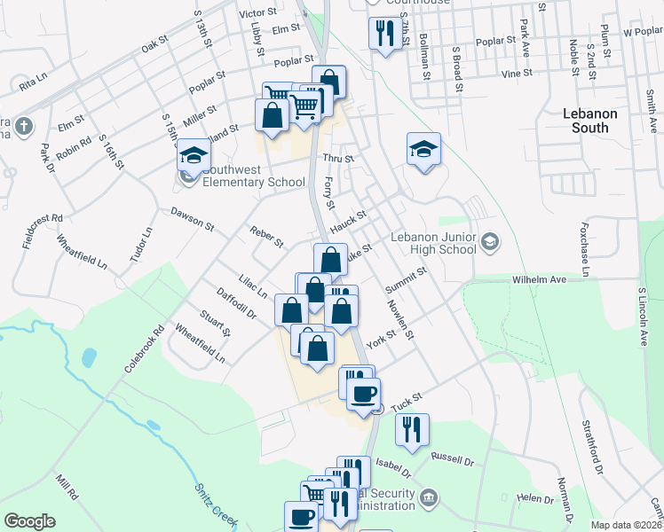 map of restaurants, bars, coffee shops, grocery stores, and more near 1102 Quentin Road in Lebanon