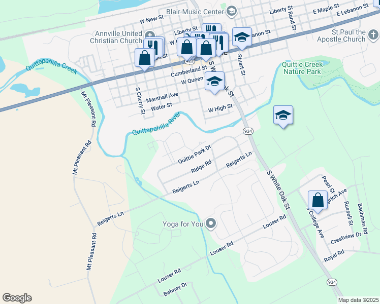 map of restaurants, bars, coffee shops, grocery stores, and more near 304 Quittie Park Drive in Annville