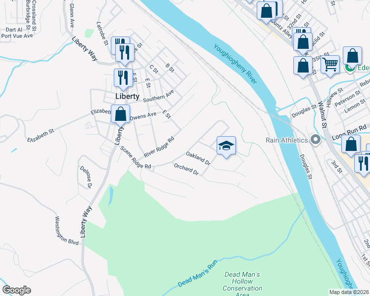 map of restaurants, bars, coffee shops, grocery stores, and more near 412 Scene Ridge Road in McKeesport