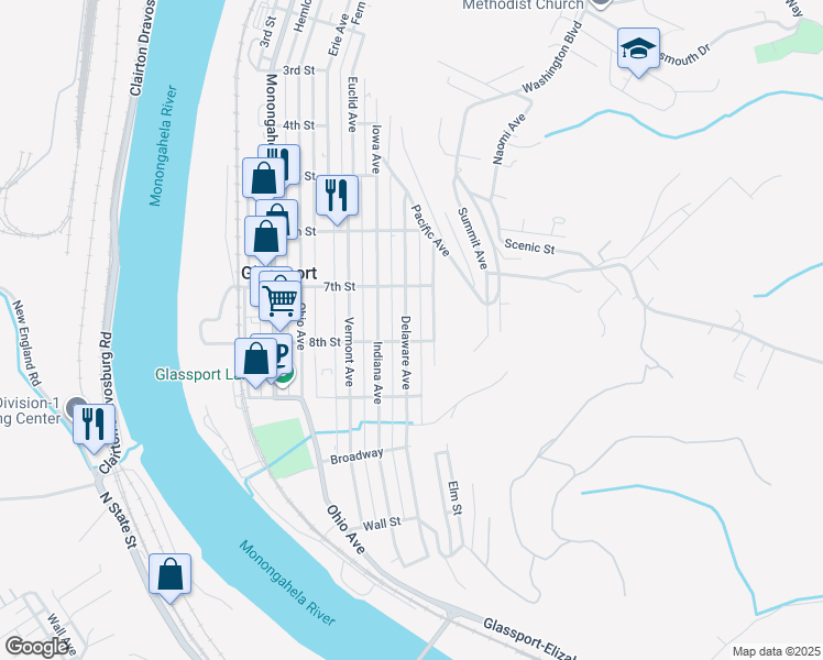 map of restaurants, bars, coffee shops, grocery stores, and more near 737 Delaware Avenue in Glassport