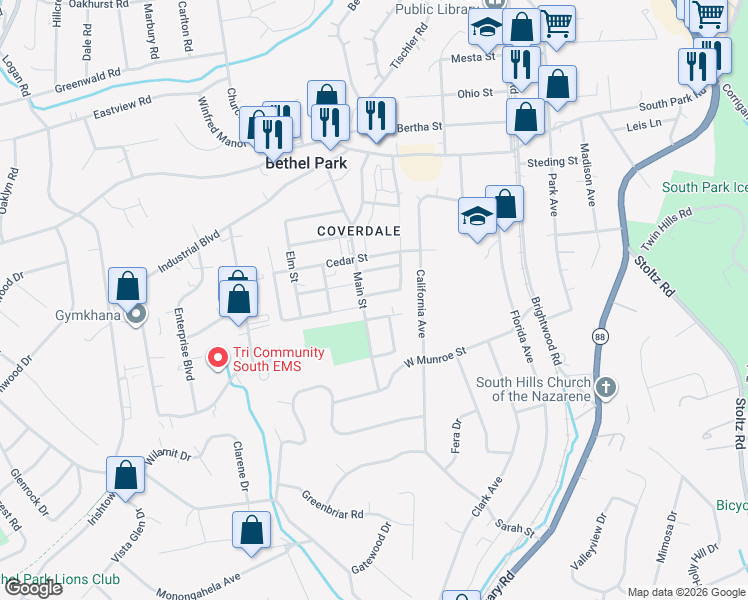 map of restaurants, bars, coffee shops, grocery stores, and more near 2835 Poplar Street in Bethel Park
