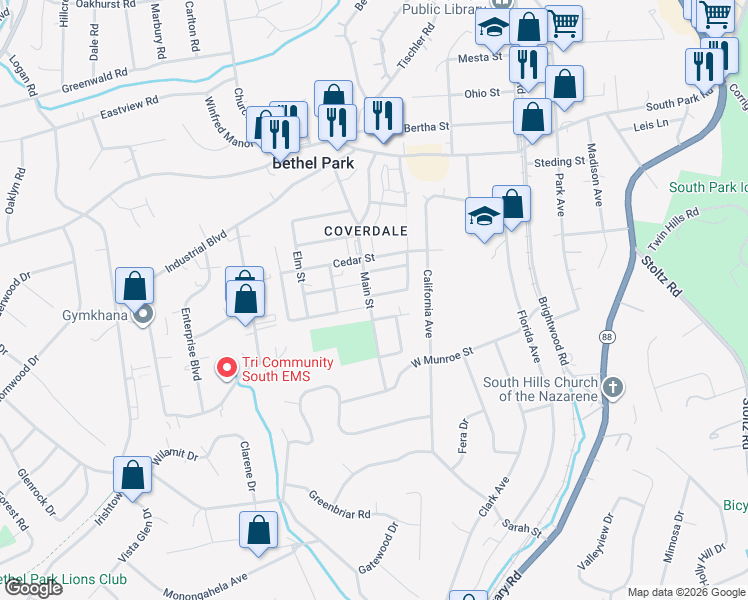map of restaurants, bars, coffee shops, grocery stores, and more near 2835 Poplar Street in Bethel Park