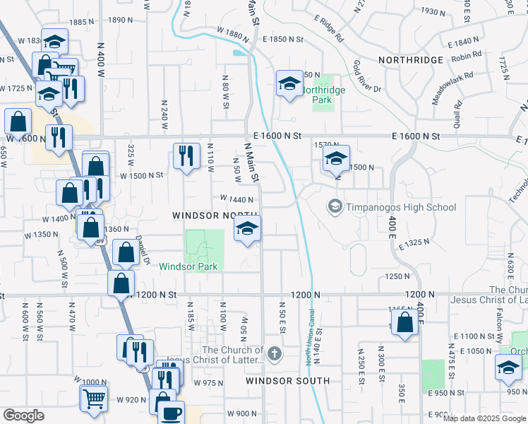 map of restaurants, bars, coffee shops, grocery stores, and more near 1410 North Main Street in Orem