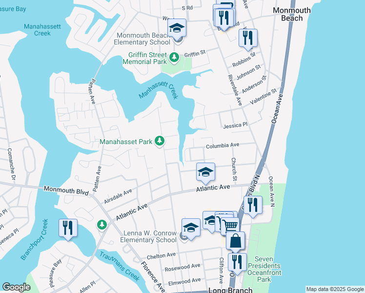 map of restaurants, bars, coffee shops, grocery stores, and more near 193 Columbia Avenue in Long Branch