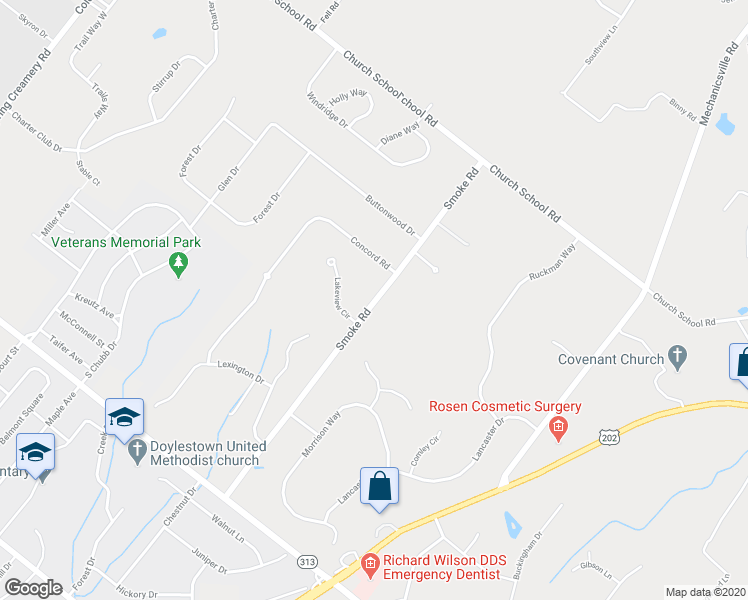 map of restaurants, bars, coffee shops, grocery stores, and more near 3892 Smoke Road in Doylestown