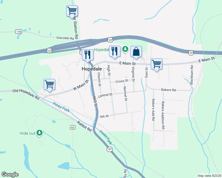 map of restaurants, bars, coffee shops, grocery stores, and more near High St in Hopedale