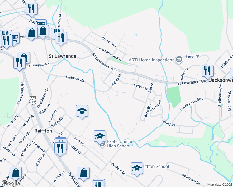 map of restaurants, bars, coffee shops, grocery stores, and more near 3622 Orchard Court in Reading
