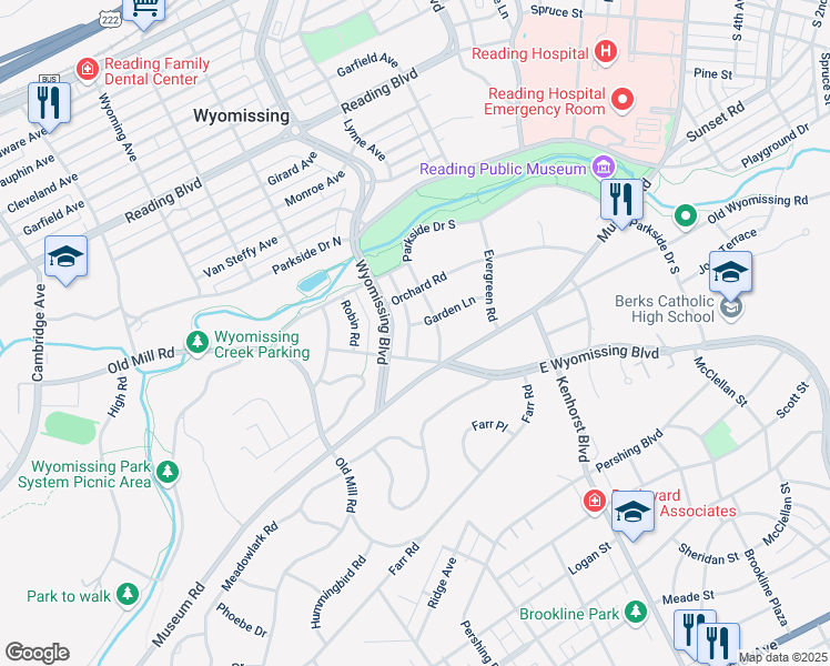 map of restaurants, bars, coffee shops, grocery stores, and more near 1414 Garden Ln in Wyomissing