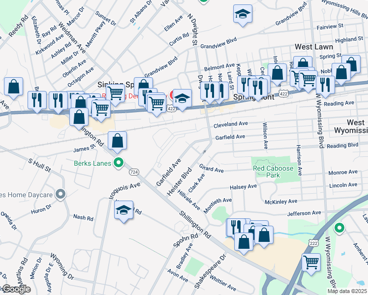 map of restaurants, bars, coffee shops, grocery stores, and more near 2803 Garfield Avenue in West Lawn