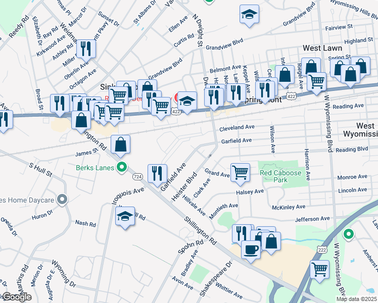 map of restaurants, bars, coffee shops, grocery stores, and more near 2803 Garfield Avenue in West Lawn