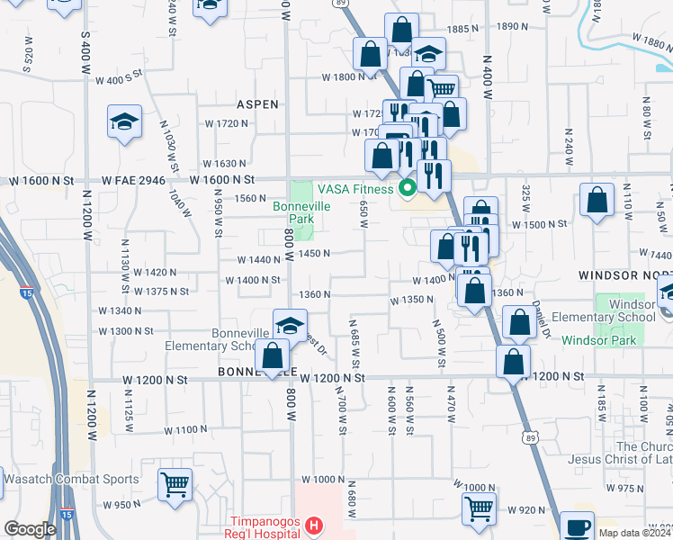 map of restaurants, bars, coffee shops, grocery stores, and more near 1420 North 725 West in Orem