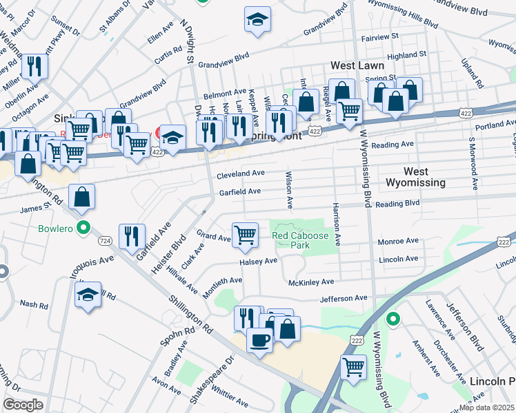 map of restaurants, bars, coffee shops, grocery stores, and more near 2529 Reading Boulevard in West Lawn