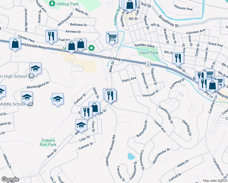 map of restaurants, bars, coffee shops, grocery stores, and more near 251 Main Street in Irwin