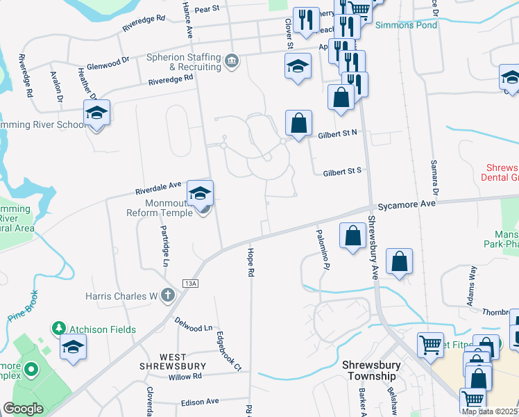 map of restaurants, bars, coffee shops, grocery stores, and more near 14 Edwards Farm Lane in Tinton Falls