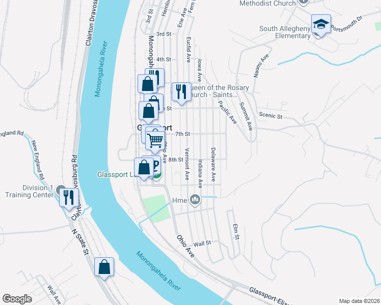 map of restaurants, bars, coffee shops, grocery stores, and more near 515 8th Street in Glassport