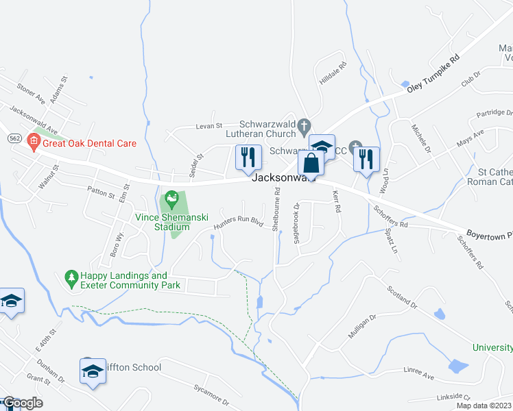 map of restaurants, bars, coffee shops, grocery stores, and more near 30 Whitetail Lane in Reading