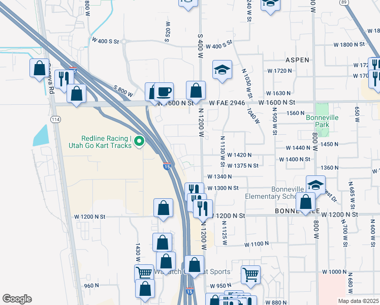 map of restaurants, bars, coffee shops, grocery stores, and more near 1226 West 1420 North in Orem