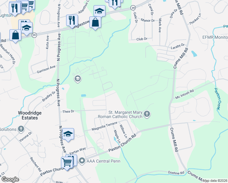 map of restaurants, bars, coffee shops, grocery stores, and more near 2526 Oakwood Lane in Harrisburg
