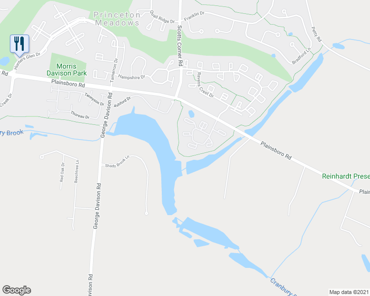 map of restaurants, bars, coffee shops, grocery stores, and more near 1105 Aspen Drive in Princeton Meadows