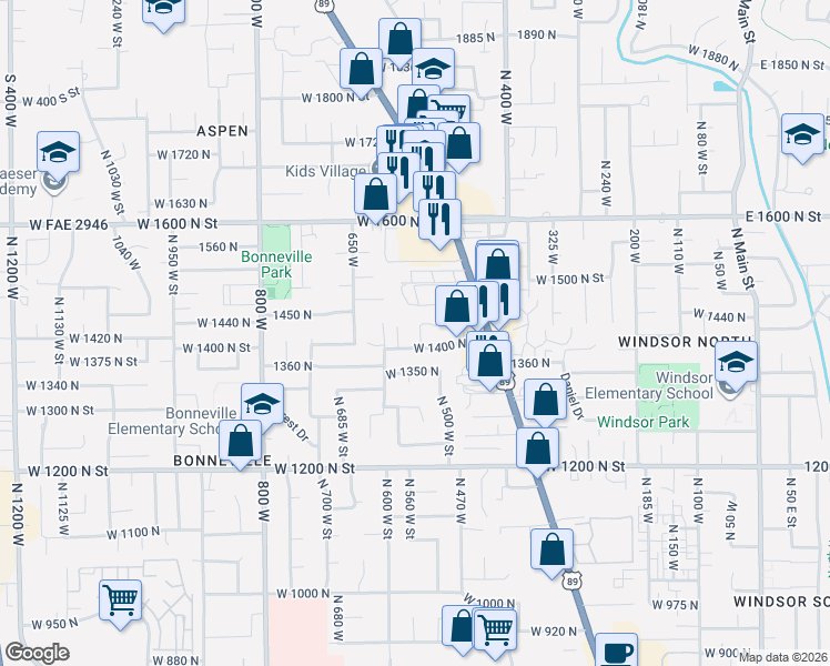 map of restaurants, bars, coffee shops, grocery stores, and more near 1415 North 580 West in Orem