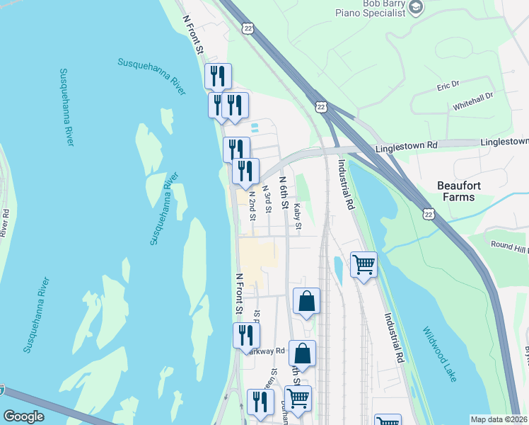 map of restaurants, bars, coffee shops, grocery stores, and more near 4321 North 2nd Street in Harrisburg