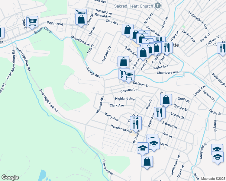 map of restaurants, bars, coffee shops, grocery stores, and more near 623 Charles Street in Jeannette