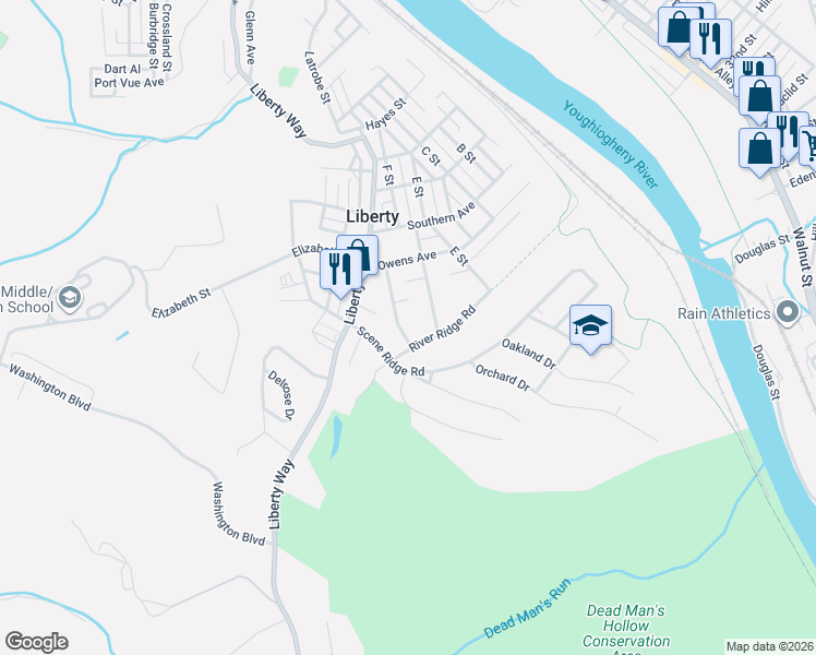 map of restaurants, bars, coffee shops, grocery stores, and more near 3110 Valley Ridge Road in McKeesport