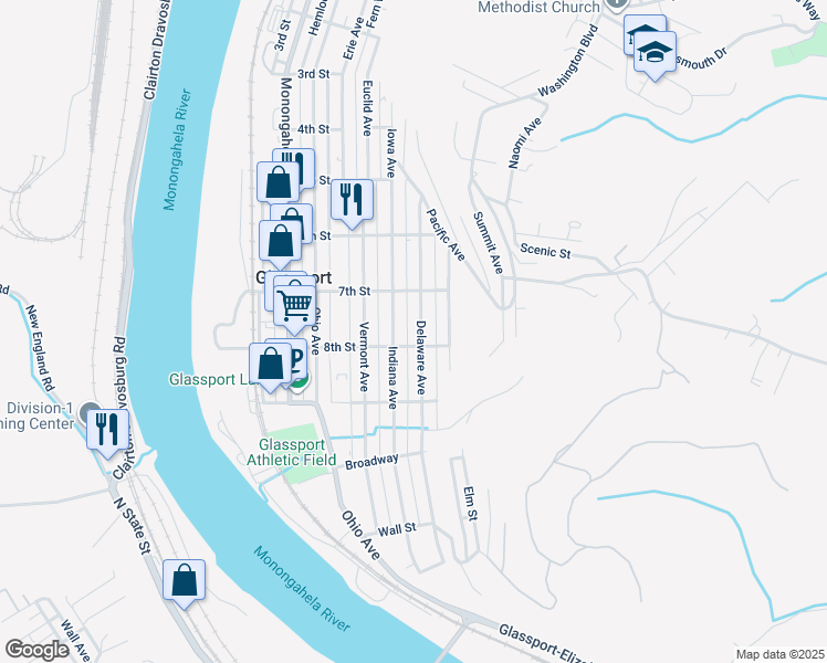 map of restaurants, bars, coffee shops, grocery stores, and more near 737 Delaware Avenue in Glassport
