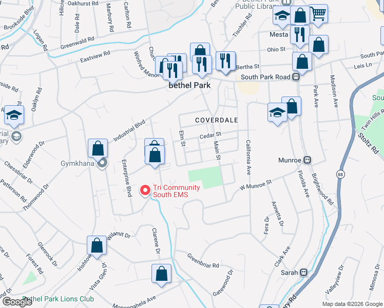 map of restaurants, bars, coffee shops, grocery stores, and more near 5436 Elm Street in Bethel Park