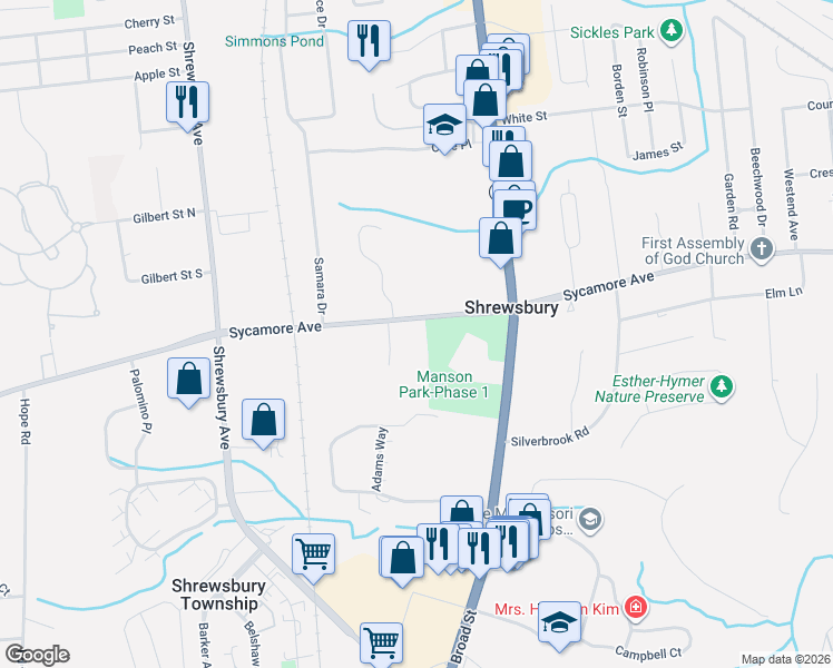 map of restaurants, bars, coffee shops, grocery stores, and more near 451 Sycamore Avenue in Shrewsbury