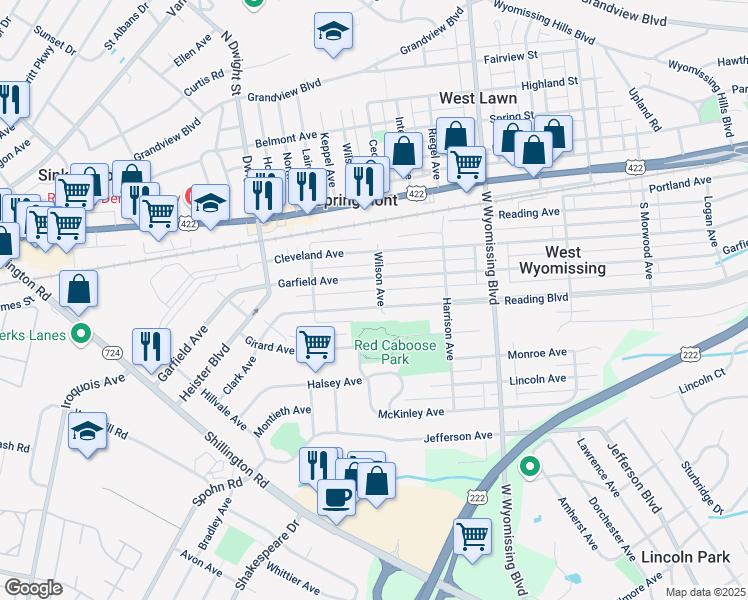 map of restaurants, bars, coffee shops, grocery stores, and more near 2501 Reading Boulevard in West Lawn