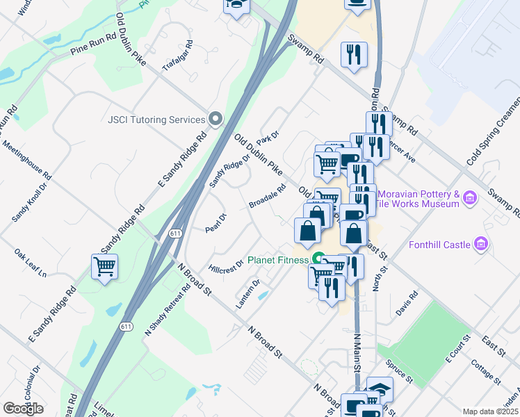 map of restaurants, bars, coffee shops, grocery stores, and more near 13 Broadale Road in Doylestown