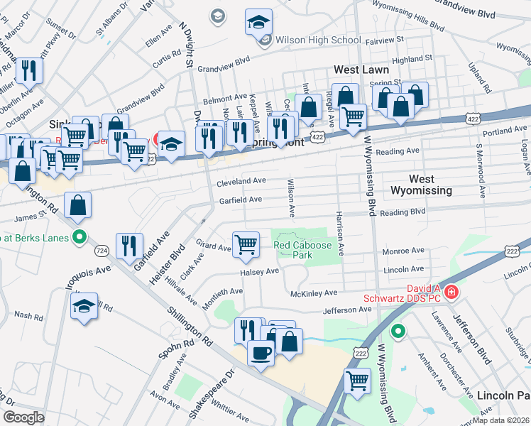 map of restaurants, bars, coffee shops, grocery stores, and more near 2529 Reading Boulevard in West Lawn