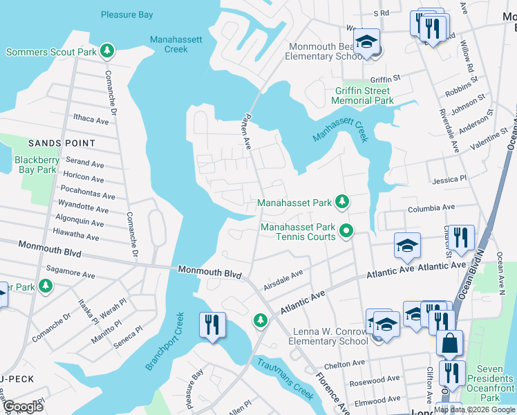 map of restaurants, bars, coffee shops, grocery stores, and more near 3 Newport Court in Long Branch