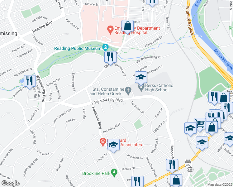 map of restaurants, bars, coffee shops, grocery stores, and more near 1100 Wyomissing Boulevard in Reading