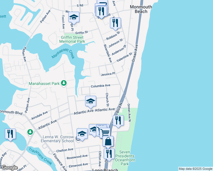 map of restaurants, bars, coffee shops, grocery stores, and more near Columbia Avenue & Church Street in Long Branch