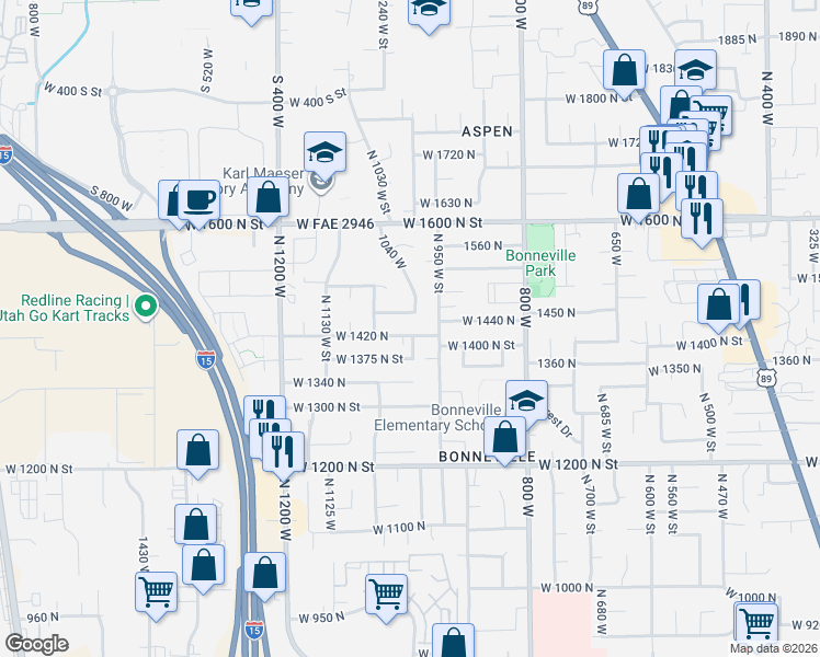 map of restaurants, bars, coffee shops, grocery stores, and more near 1010 West 1420 North in Orem
