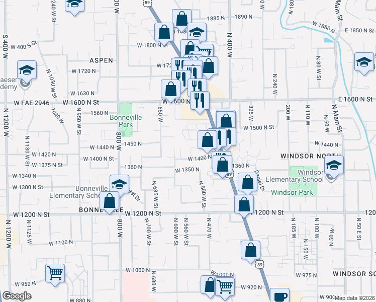 map of restaurants, bars, coffee shops, grocery stores, and more near 1415 North 580 West in Orem