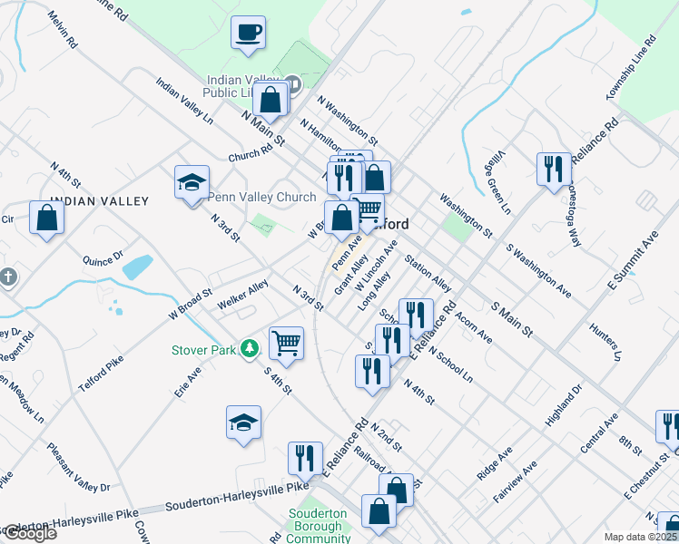 map of restaurants, bars, coffee shops, grocery stores, and more near 196 Penn Avenue in Telford