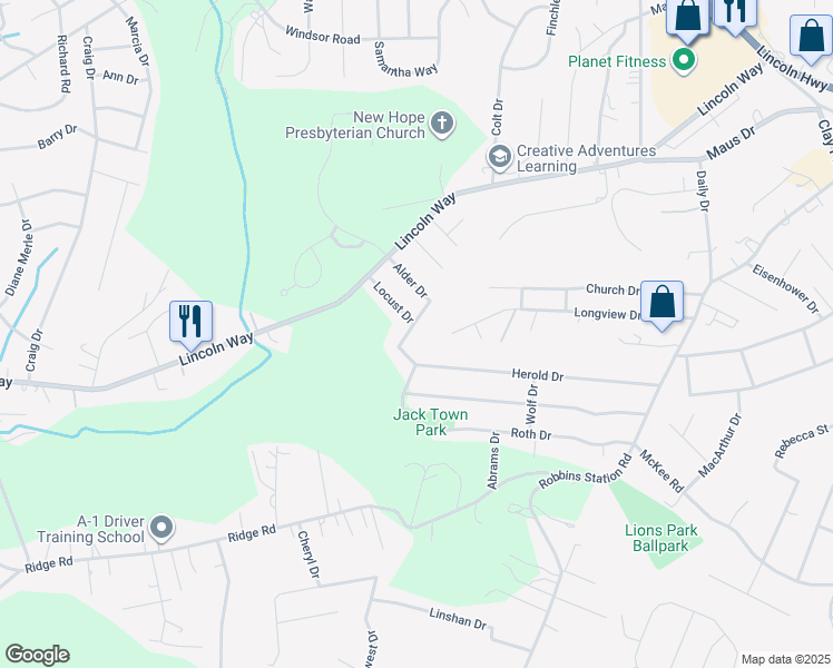 map of restaurants, bars, coffee shops, grocery stores, and more near 977 Wainwright Drive in Irwin
