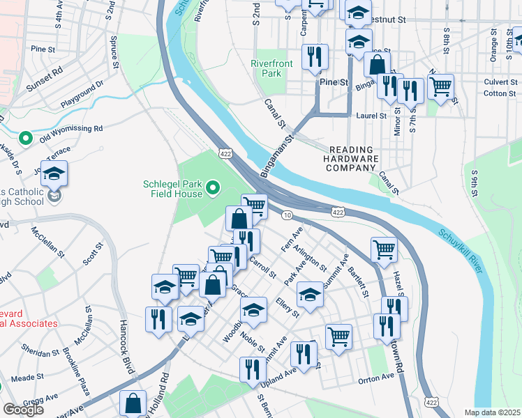 map of restaurants, bars, coffee shops, grocery stores, and more near 32 Morgantown Road in Reading