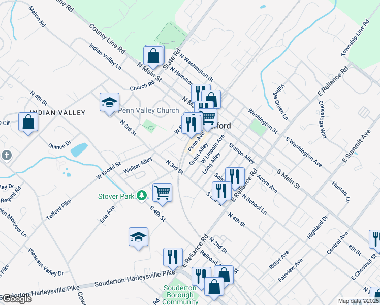 map of restaurants, bars, coffee shops, grocery stores, and more near 198 Penn Avenue in Telford