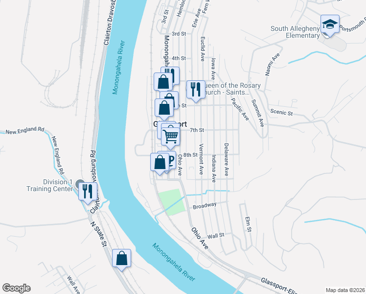 map of restaurants, bars, coffee shops, grocery stores, and more near 736 Ohio Avenue in Glassport