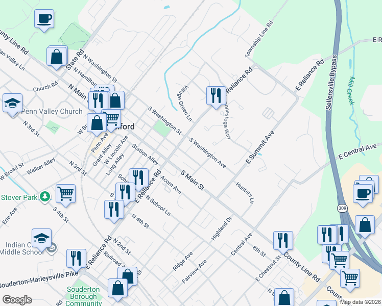 map of restaurants, bars, coffee shops, grocery stores, and more near 351 South Hamilton Street in Telford