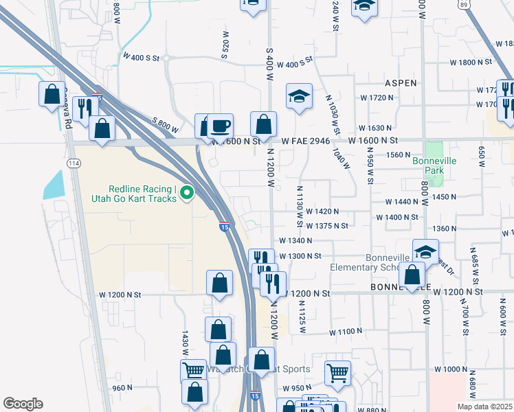 map of restaurants, bars, coffee shops, grocery stores, and more near 1236 West 1420 North in Orem