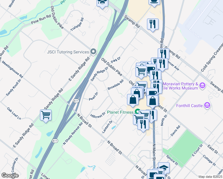 map of restaurants, bars, coffee shops, grocery stores, and more near 13 Broadale Road in Doylestown