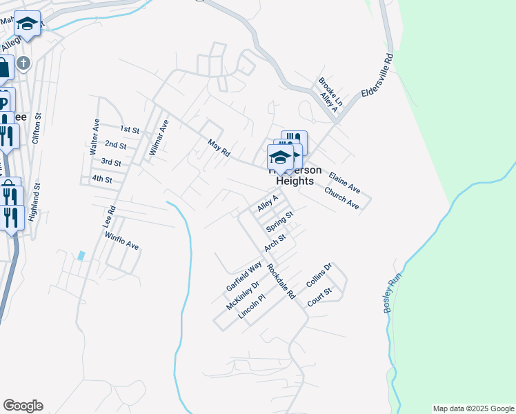 map of restaurants, bars, coffee shops, grocery stores, and more near 227 Rockdale Road in Follansbee